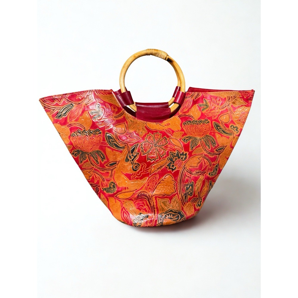 Vintage Hand Painted & Tooled Leather Handbag With Wooden Handle Boho Festival